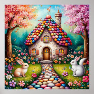 Launisches Cottage mit Kaninchen Poster