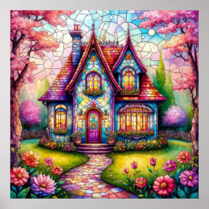 Launisches Cottage mit lebendigem Blumengarten Poster