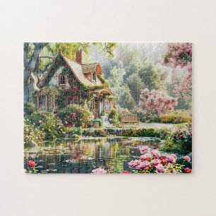 Launisches Cottage mit Rhododendren und Teich Puzzle