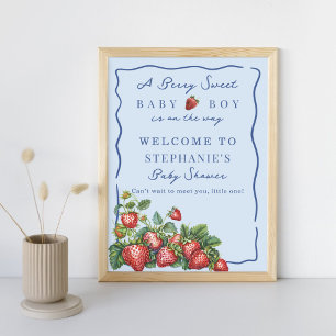 Launisches Erdbeeren Blau Babyparty Willkommenssch Poster
