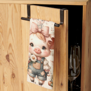 Launisches Ferkel in Pastell-Overalls Pfirsich Geschirrtuch