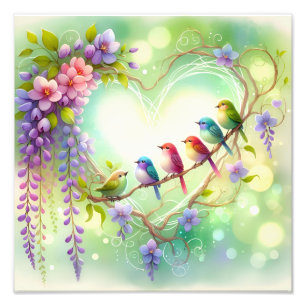 Launisches florales Herz Vögel Aquarell-Design Fotodruck