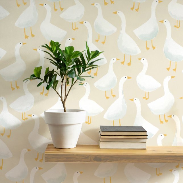 Launisches Gänsemuster Weicher neutraler Stil Tapete (Goose geese art neutral farmhouse or nursery wallpaper)