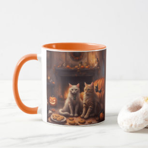 Launisches Kätzchen an Halloween in einem gemütlic Tasse