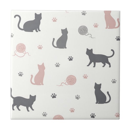 Launisches Katzen- und Garn-Silhouettenmuster Fliese (Vorderseite)