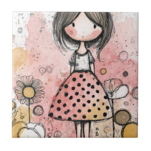 Launisches Mädchen-Aquarell mit floralen Akzenten Fliese