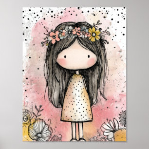 Launisches Mädchen Aquarell mit floralen Akzenten Poster