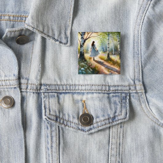 Launisches Mädchen tanzt durch Birkenwald Button (Beispiel)
