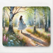 Launisches Mädchen tanzt durch Birkenwald Mousepad (Vorne)