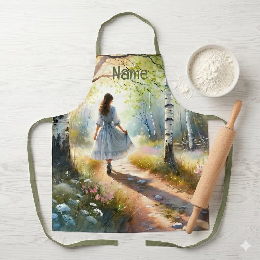 Launisches Mädchen tanzt durch Birkenwald Schürze