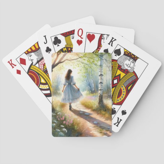 Launisches Mädchen tanzt durch Birkenwald Spielkarten (Rückseite)