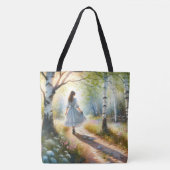 Launisches Mädchen tanzt durch Birkenwald Tasche (Vorderseite)