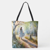 Launisches Mädchen tanzt durch Birkenwald Tasche (Rückseite)