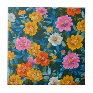 Launisches Magenta Gelbes Florales Dunkles Teal Fliese