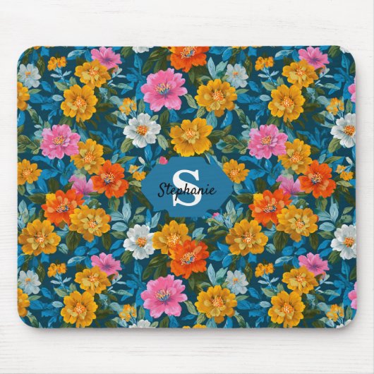 Launisches Magenta Gelbes Florales Dunkles Teal Mousepad (Vorne)