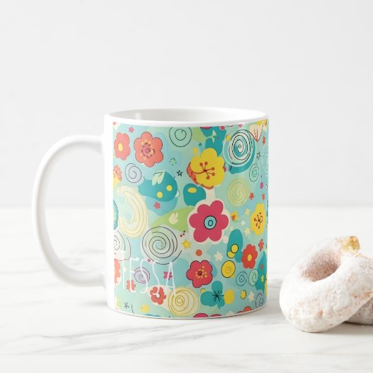 Launisches Pastell-Blumen-Knopf-Muster Kaffeetasse (Mit Donut)