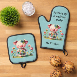 Launisches Patchwork-Schwein im Blumen-Garten Ofenhandschuh & Topflappen-Set