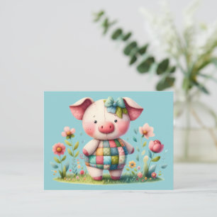 Launisches Patchwork-Schwein im Blumen-Garten Postkarte