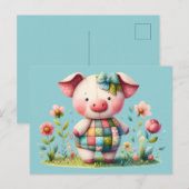 Launisches Patchwork-Schwein im Blumen Garten Postkarte (Vorne/Hinten)