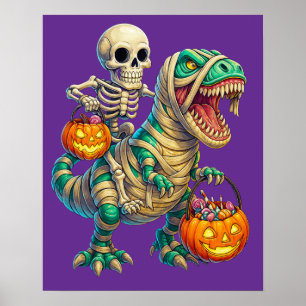 Launisches Skelett reitet auf einer Mumien-T-Rex H Poster