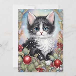 Launisches Tuxedo-Kätzchen Holly Berries Rahmen  Feiertagskarte