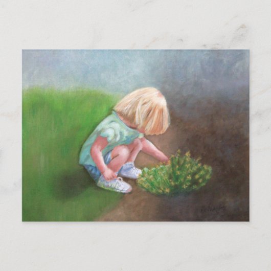 "Laura" Ölmalerei kleine Mädchen picken Blume Postkarte (Vorderseite)
