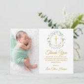 Laurel Floral Taufe, Christening Foto Dankeskarte (Stehend Vorderseite)