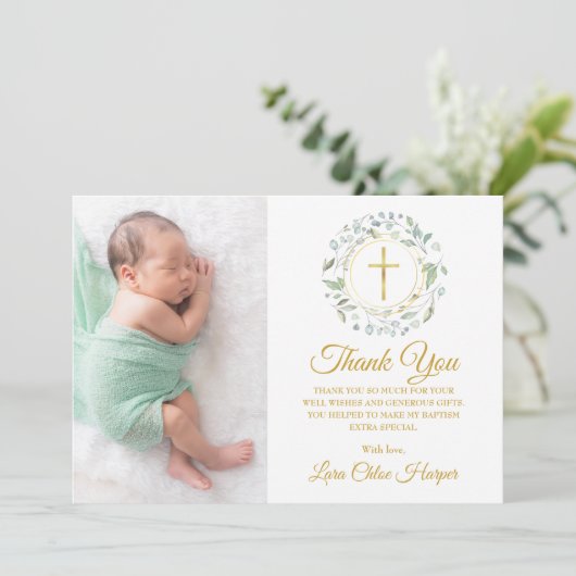 Laurel Floral Taufe, Christening Foto Dankeskarte (Stehend Vorderseite)