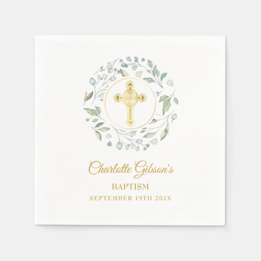 Laurel Garland Gold Cross Taufe Christening Serviette (Vorderseite)