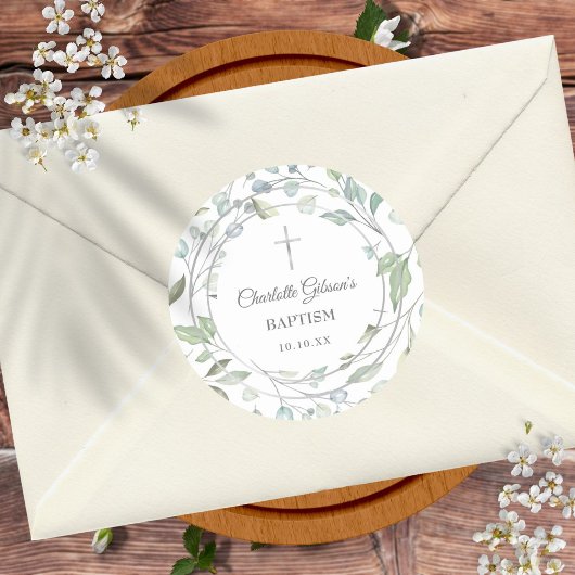Laurel Garland Imitats Silver Baptisse Christening Runder Aufkleber