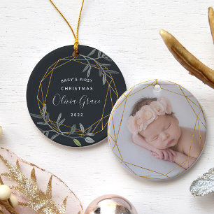 Laurel Leaf Baby's First Christmas Foto Keramik Ornament