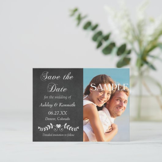 Laurel Leaf Heart Chalkboard Save the Date Postkarte (Stehend Vorderseite)