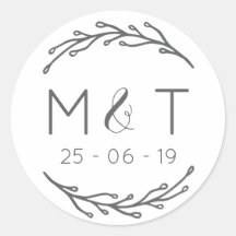 Laurel Leaf Initials & Date Wedding Stickers