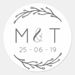 Laurel Leaf Initials & Date Wedding Stickers