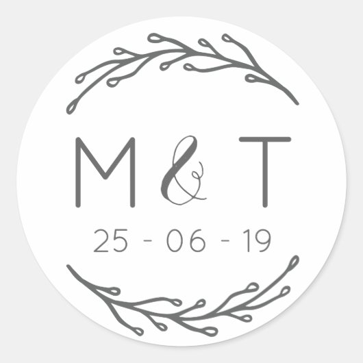 Laurel Leaf Initials & Date Wedding Stickers (Vorderseite)
