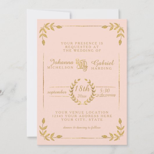 Laurel Leaf Moderne Typografie Blush Gold Wedding Einladung (Vorderseite)