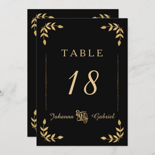 Laurel Leaf Typografie Black Gold Tischnummern (Vorne/Hinten)
