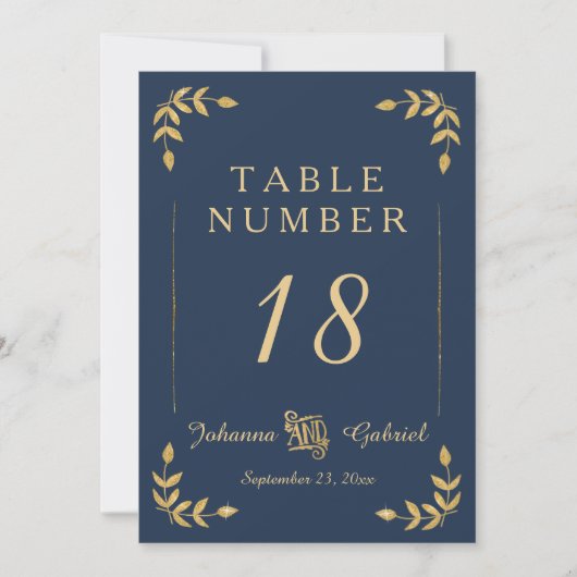 Laurel Leaf Typografie Navy Blue Gold Tischnummer (Vorderseite)