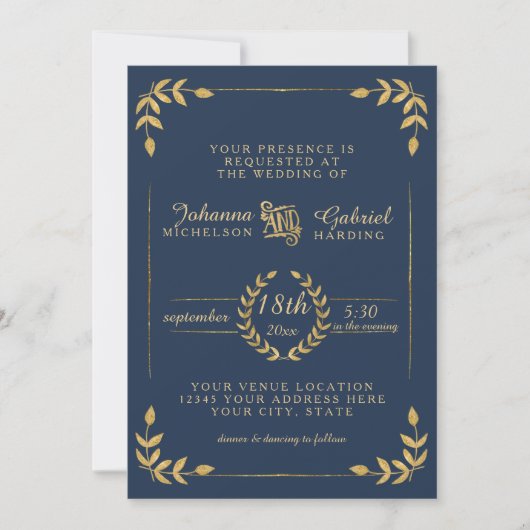 Laurel Leaf Typografie Navy Gold Moderne Hochzeit Einladung (Vorderseite)