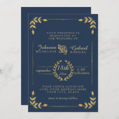 Laurel Leaf Typografie Navy Gold Moderne Hochzeit Einladung (Vorne/Hinten)