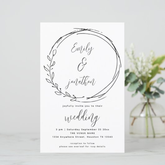 Laurel Leaf Wreath QR Code Script Wedite Einladung (Stehend Vorderseite)