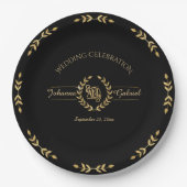 Laurel Leaf Wreath Wedding Celebration Black Gold Pappteller (Vorderseite)