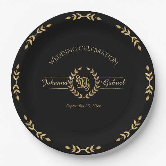 Laurel Leaf Wreath Wedding Celebration Black Gold Pappteller (Vorderseite)