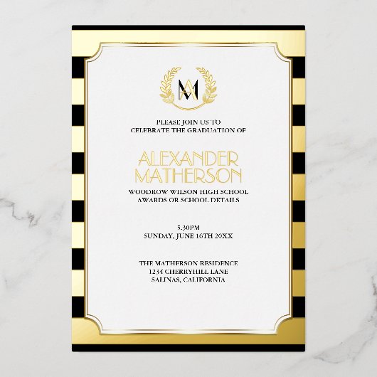 Laurel Mit Monogramm Black and FOIL Abschluss Foil Folieneinladung (Vorderseite)