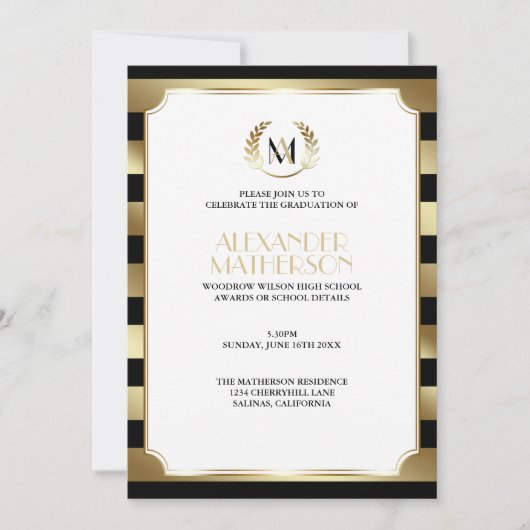 Laurel Mit Monogramm Black and Gold Abschluss Einladung (Vorderseite)