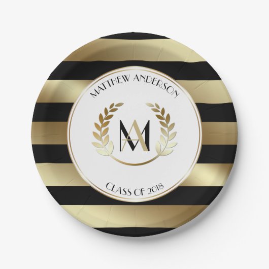 Laurel Mit Monogramm Black and Gold Graduation Par Pappteller (Vorderseite)