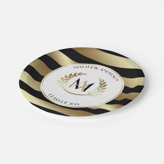 Laurel Mit Monogramm Black and Gold Graduation Par Pappteller (Schrägansicht)