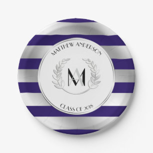 Laurel Mit Monogramm Silver und Blue Grad Party Pappteller