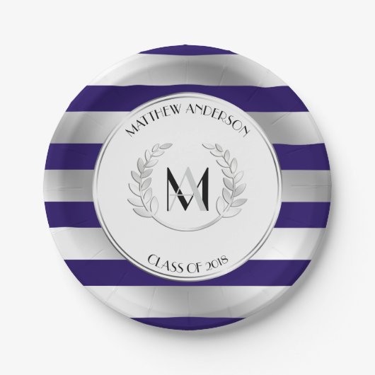 Laurel Mit Monogramm Silver und Blue Grad Party Pappteller (Vorderseite)