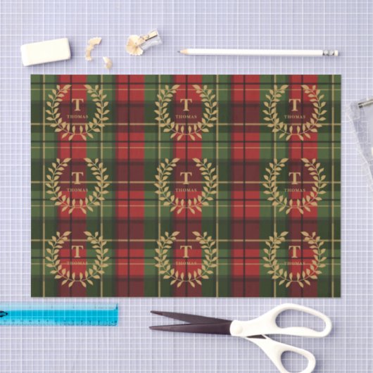 Laurel Monogram On Red And Green Christmas Plaid Seidenpapier (Handwerk)